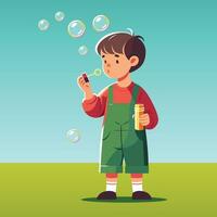 Child blowing soap  bubbles vector illustration, Boy in a ground blowing soap bubbles and playing stock vector image