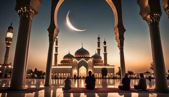 ramadán, namaz oraciones en mezquita, ai generado foto