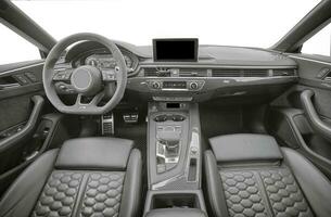 Inside moden car background, luxury car interior elements wallpaper. Black leather car interior photo