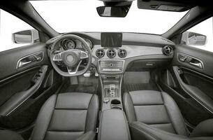 Inside moden car background, luxury car interior elements wallpaper. Black leather car interior photo