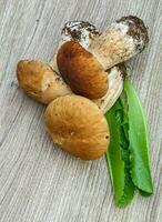 Mushrooms over wooden photo