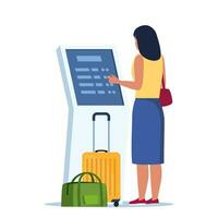 Woman self check in at automatic machine in airport terminal. Buying ticket using interactive terminal. Vector illustration.