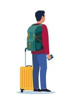 Man with wheeled suitcase and backpack stand with passport and ticket in her hand. Passenger in airport stands with back half turned. Travel concept. Vector illustration.