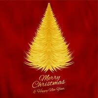 Merry Christmas and happy new year, gold Christmas tree on red silk background. vector