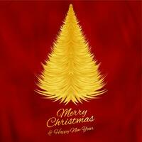 Merry Christmas and happy new year, gold Christmas tree on red silk background. vector