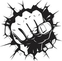 Punching Through Cartoon Fist and Cracked Wall Emblem Shattered Wall Strength Black Logo with Cartoon Fist vector