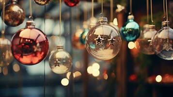 Generative AI, Christmas and new year balls on blurred background, holidays concept, festive winter season background photo