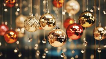 Generative AI, Christmas and new year balls on blurred background, holidays concept, festive winter season background photo