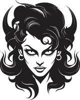 Elegant Enigma Beautiful Female Demon in Black Vector Sensual Seductress Black Demon Emblem Design