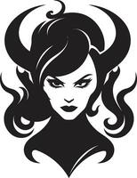 elegante enigma desvelado tentador demonio emblema en negro místico seducir hermosa hembra demonio icono en vector