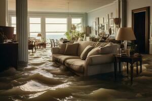 Flooded living room in residential house. Generative AI photo