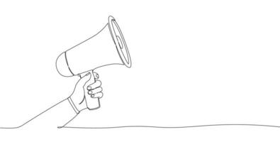 One line drawing hand with megaphone. Vector illustration.