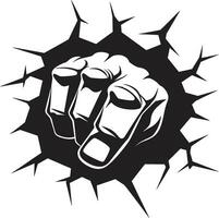 Vector Artistry Unveiled Fist through Cracked Wall Powerful Breakthrough Black Fist and Wall Icon in Vector