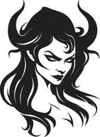 elegante diabólico Arte desvelado encantador demonio en negro pecaminoso seductora hermosa demonio logo diseño vector