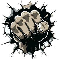 Mighty Impact Black Fist and Wall Logo Vector Icon Punching Through Cartoon Fist and Cracked Wall Emblem