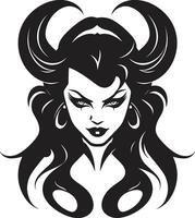 oscuro enigma desvelado seductor belleza emblema en negro icónico demonio elegancia hermosa hembra demonio logo vector