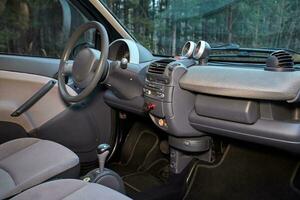 Shift lever, car steering wheel and sensors. Inside a modern car view, city car interior background photo