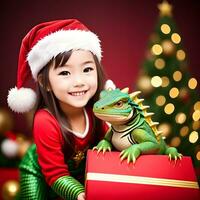generativo ai fantasías en el tema de el chino calendario. continuar símbolo de 2024 y un niña en un Papa Noel claus sombrero. foto