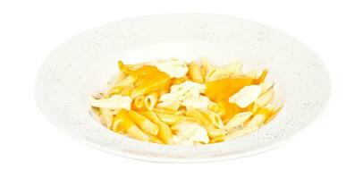 Penne pasta with parmesan, dor blue, chamamber and mozzarella photo