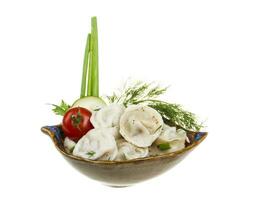 Bowl with traditional russian dish - pelmeni photo