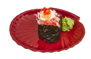 sushi kani with sauced slices of crab shrimp isolated on white background photo