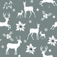 Seamless pattern with silhouettes of deer on the background of winter berries, flowers, snowflakes. Vector abstract graphics.