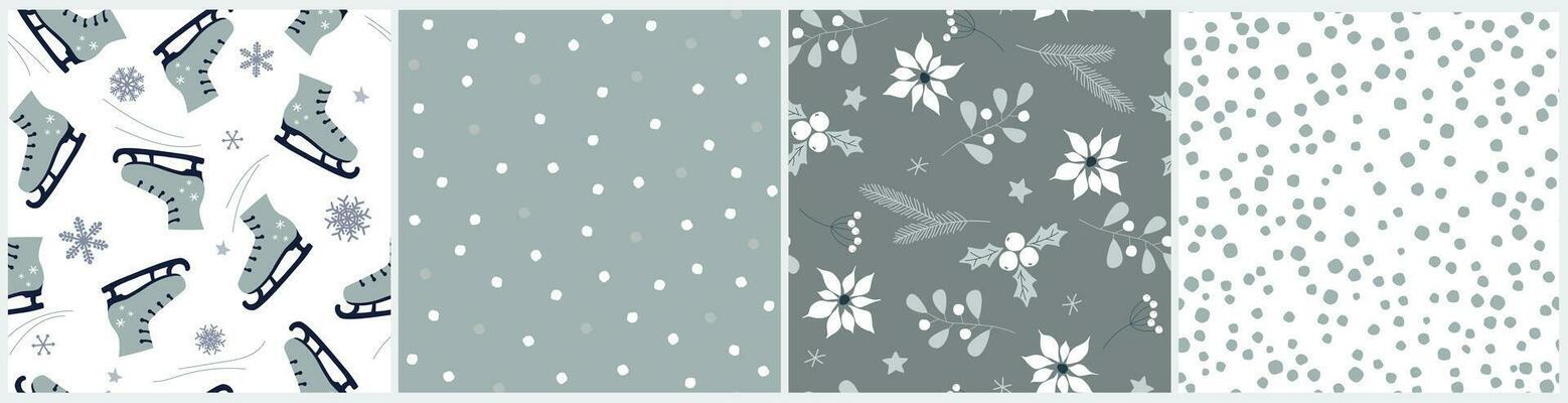 Seamless patterns with winter snowflakes, dots, poinsettia, skates, spruce branches. Festive abstract print. Vector graphics.