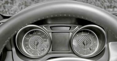 deporte coche velocímetro y sensores en un controlar panel fondo, moderno coche elementos cerca vista, conducción un coche foto