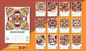 2024 Monthly Wall Calendar with 12 month on geometric background with retro geometric shapes.Template design for organizer and planner in new year.Vector illustration vector