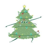 Kawaii doodle Christmas tree dancing. Children's handmade naive style. Simple New Year character isolated on white background. Happy spruce concept. vector