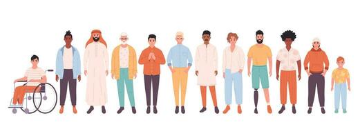 Men of different races, nationalities, age. Men with physical disability. Social diversity. vector