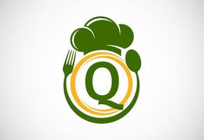 Initial alphabet Q with chef hat, spoon and fork. Modern vector logo for cafe, restaurant, cooking business, and company identity