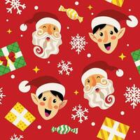 Happy Santa and Elf Head with Snowflake and Gift Box Seamless Pattern vector