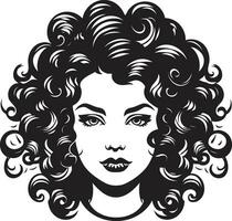 Ebon Elegance Stylish Waves of Elegance in Vector Ink Black Charm A Curly Haired Icon of Beauty