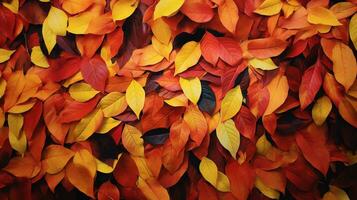 Top view of red, orange, and yellow leaves background, fallen leaves in autumn. AI Generative photo