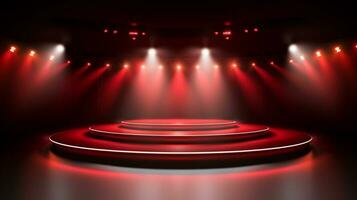 Empty stage of the theater and theatrical serenity, red stage light. AI Generative photo