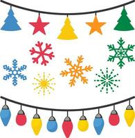 vistoso colgando árbol Navidad y lamparas con copos de nieve decoración icono ilustración vector