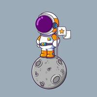 Cute Astronaut Holding Flag On Moon Cartoon character vector