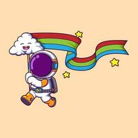 astronauta dibujos animados personaje jugando nube y arco iris vector