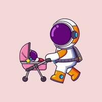 happy Astronaut Walking with baby astronaut in Stroller. Science Technology Icon Concept vector