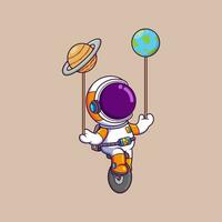 linda astronauta con monociclo bicicleta y planetas dibujos animados personaje vector