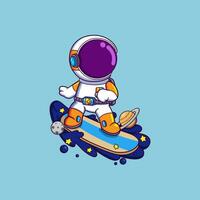 astronauts surf on a surfboard in space with planets and ocean waves vector
