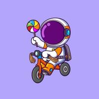 astronauta dibujos animados personaje montando bicicleta y participación caramelo vector