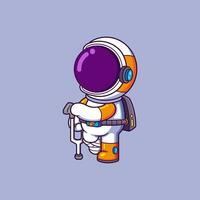 Cute Astronaut Sick Using Crutch Walking Stick Cartoon character vector