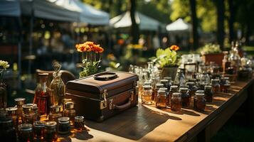 Garage Sale, Vintage and Used Goods on Display at an Afternoon Flea Market on the Greensward - A Treasure Hunt for Antique and Retro Collectibles, Ai generative photo