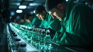 Quality Control in Pharmaceutical Production, Hand in Sanitary Gloves Checks Medical Vials on a Production Line at a Sterile Pharmaceutical Factory with a Pharmaceutical Machine, Ai generative photo