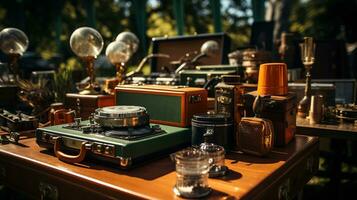 garaje venta, Clásico y usado bienes en monitor a un tarde pulga mercado en el palo verde - un tesoro cazar para antiguo y retro coleccionables, ai generativo foto