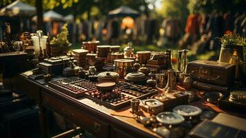 garaje venta, Clásico y usado bienes en monitor a un tarde pulga mercado en el palo verde - un tesoro cazar para antiguo y retro coleccionables, ai generativo foto