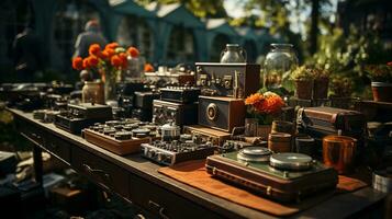 garaje venta, Clásico y usado bienes en monitor a un tarde pulga mercado en el palo verde - un tesoro cazar para antiguo y retro coleccionables, ai generativo foto