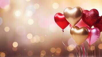 Floating Red, Pink, and Golden Heart Balloons with Blurry Bokeh Background, Birthday, Wedding Invitation, Anniversary, Valentine, Christmas Celebrations and Background, with Copy Space, Ai generative photo